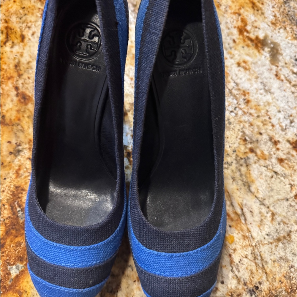 Tory Burch Blue and Black Heels with Striking Design